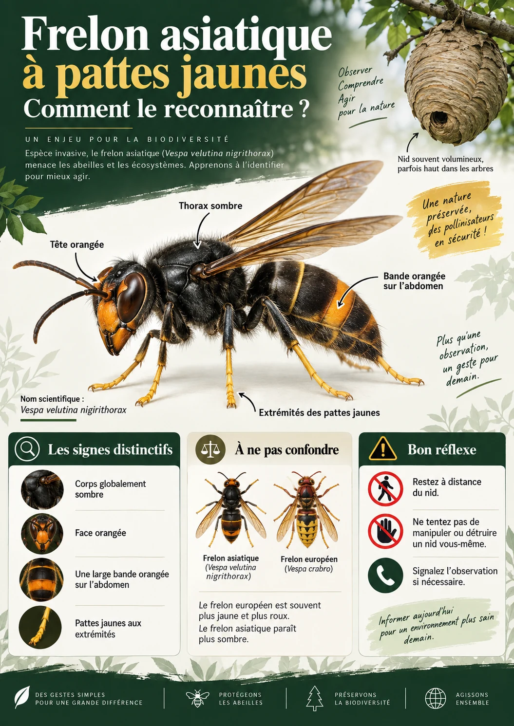 Schéma pédagogique pour reconnaître le frelon asiatique à pattes jaunes